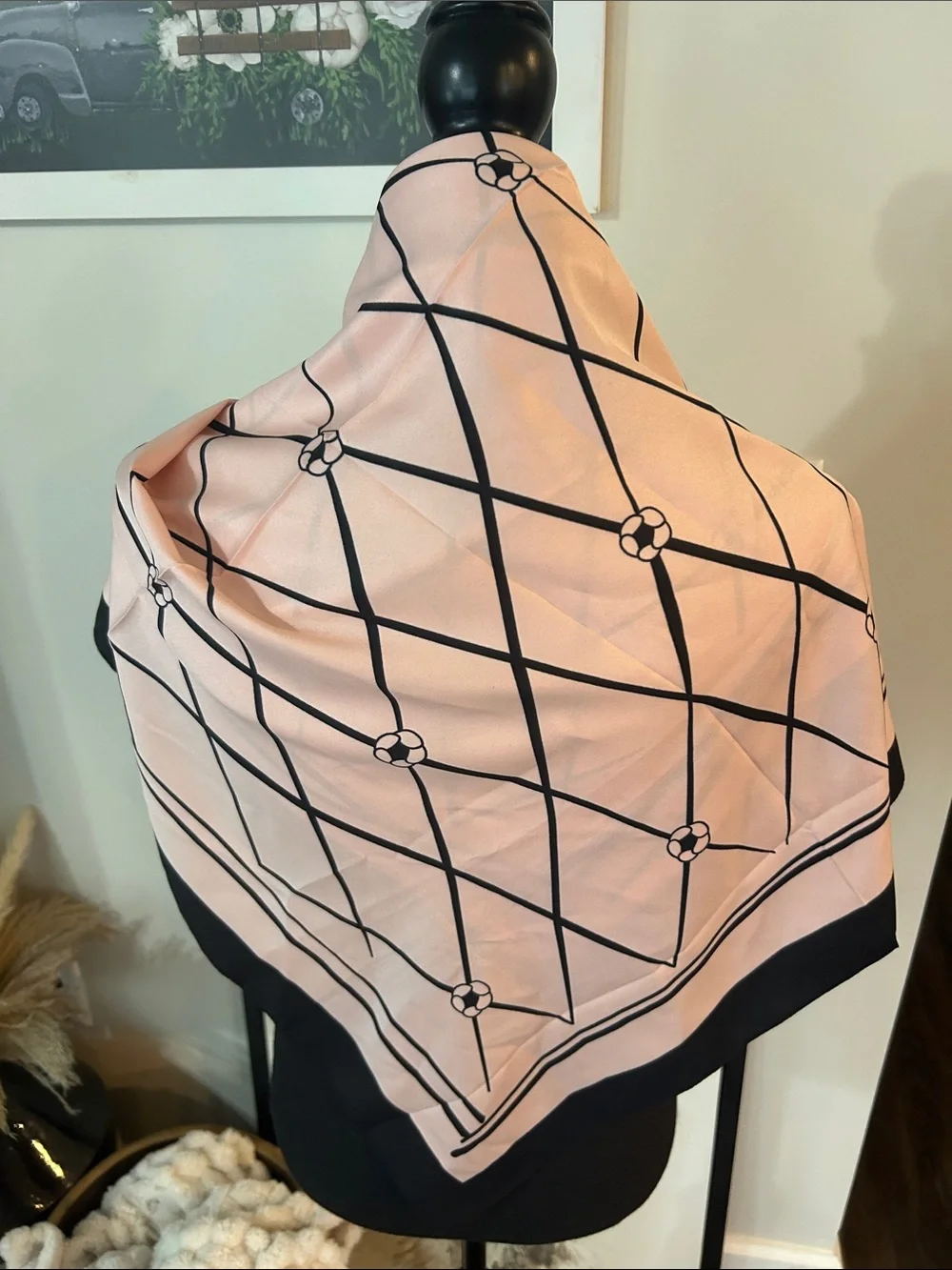 Elegant Pink and Black Floral Silk-Feel Scarf